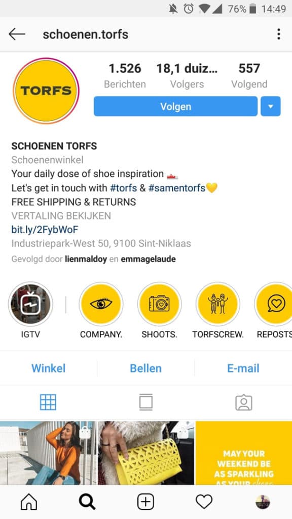 Instagram bedrijfsprofiel - Schoenen Torfs voorbeeld - Lincelot