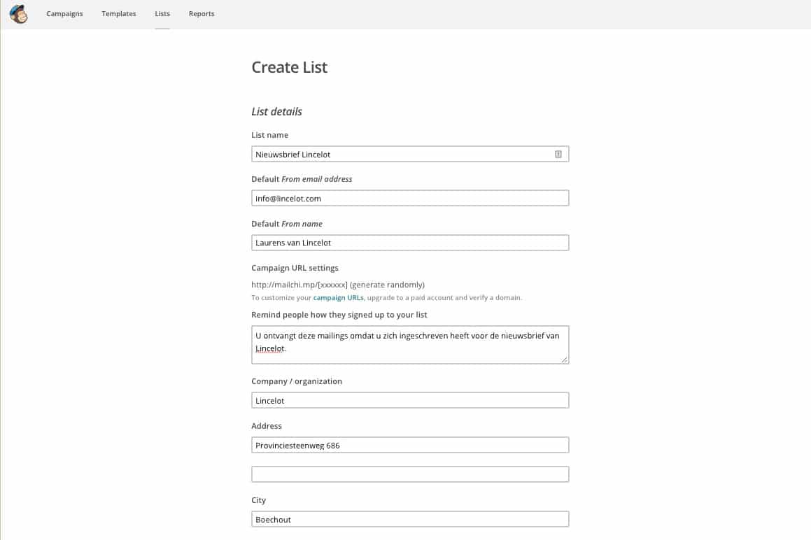 Create list - Handleiding MailChimp - Lincelot