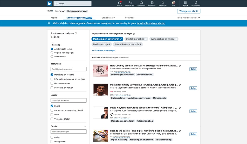 LinkedIn pages - ontdek de nieuwe LinkedIn bedrijfspagina's - contentsuggesties - Lincelot