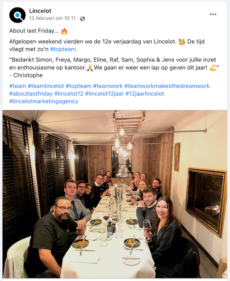 Screenshot van een Facebook post van Lincelot met een foto van ons diner met partners