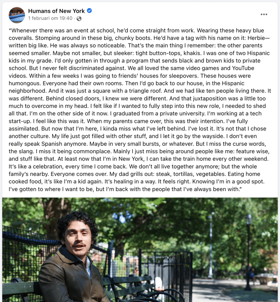 screenshot van een post van Humans of New York als voorbeeld voor een verhalende Facebook post